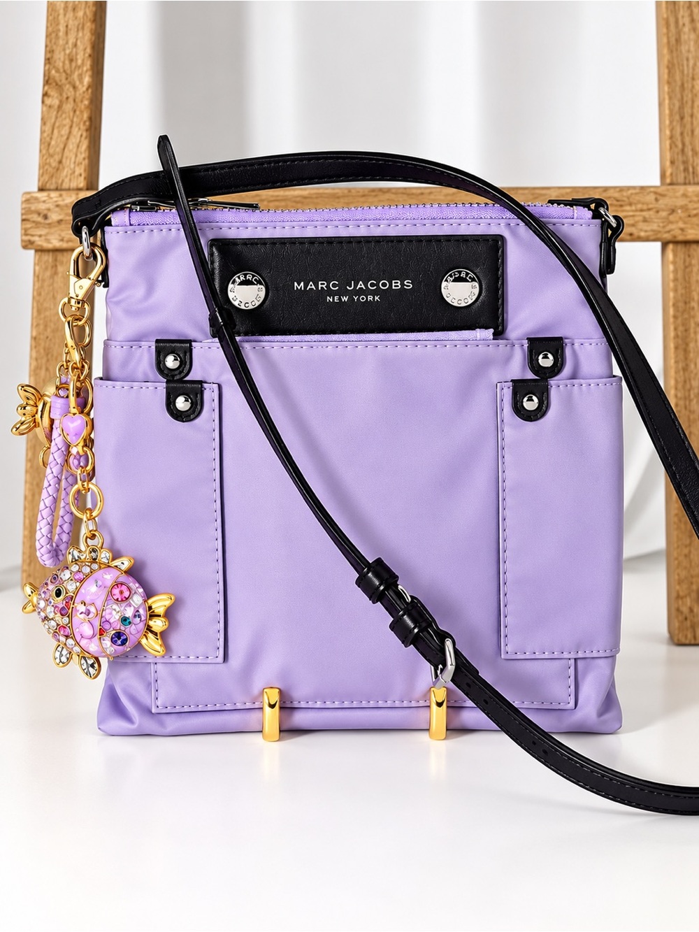 NWT Marc Jacobs Preppy Nylon Swingpack Lilac Crossbody + Charm